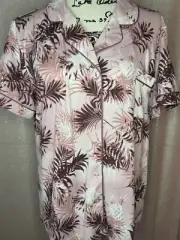 Nicole Miller Short Sleeve Button Down Ankle Pant Pajama Set XL Pink Palm New