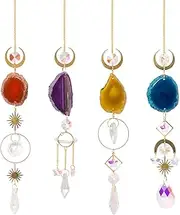 4 PCS Colorful Crystal Suncatchers，Glass Prisms Sun Catcher with Healing Stones,Rainbow Window Decor for Home Garden, Indoor Outdoor Prism Hanging Ornaments