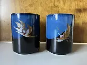 Japanese Flying Crane LARGE Stoneware Tea Cups Blue Black Gold Set of 2