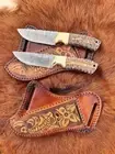 Custom Handmade Damascus Steel two Knives and Sheath Cowboy Skinner.