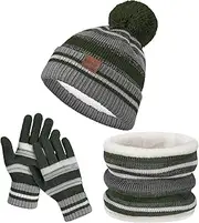 [OZERO] Kids Toddlers Winter Knit Warm Beanie Hat Scarf Gloves Set for Boys Girls Age 5-10, Knit Cap Neck Warmer Gloves Fleece Lined