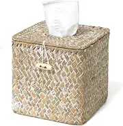 Tissue Box Cover Square, Woven Tissue Box Holder with Lid, Farmhouse Seagrass Tissue Box Decorative Cube Tissue Cover for Bathroom Home Decor Office Table, Whitewash