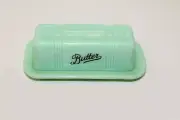 Jadeite Green Glass Butter Dish Script Embossed Retro Depression Style Jade