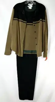 NWT Stacy Michelle Women's 8 Black Tan Stretch 3 pc Set Top, LS Button Up Pants