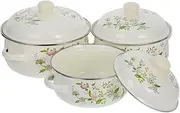 FONDOTIN 3pcs Enamel Cookware Vintage Floral Stock Pot with Lid Non Stick Soup Pots with Dual Handles for Boiling Simmering Stewing Home Kitchens for Family Meals