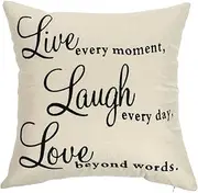 Ogiselestyle Live Every Moment Laugh Every Day Love Beyond Words Motivational Sign Cotton Linen Home Decorative Throw Pillow Case Cushion Cover with Words for Book Lover Sofa Couch 18" x 18"