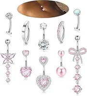 [LOLIAS] 10 Pcs Gold Belly Button Ring -Dangle Surgical Stainless Steel Belly Rings for Women 14G CZ Heart Opal Clicker Floating Navel Belly Button Piercing Silver/Gold/Pink