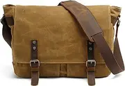 [HuaChen] Mens Waxed Canvas Messenger Bag Shoulder Satchel Leather Crossbody Bag for Laptop (M49_Khaki)
