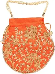 Touchstone Traditional Indian Hand Embroidered Shopping Gifts Jewelry Wedding Faux Pearls Strings Drawstring Bag for Women., Orange 8.5"x8", 1 Count (Pack of 1)