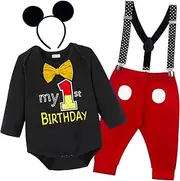[Wosixima] Baby Boys Mouse Costume Outfit 1st Birthday Cosplay Bowtie Bodysuit Suspenders Shorts Pants Cake Smash Tuxedo