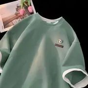 Mock Two-Piece Short-Sleeve Crew Neck Two-Tone Smiley Face T-Shirt Light Green - 2XL