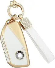 1797 Key Fob Cover fit for BMW 7 Series X7 i7 iX XM 2023 Accessories Bling Key Chain Case Shell Protector 4 Button White Gold TPU, White & Gold