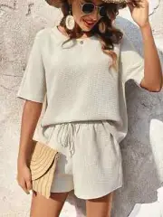 Best Offer 2PCS Set Frenchy Solid Waffle Knit Tee & Knot Front Shorts XS-L Beige
