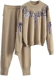 [HEYDHSDC] Women O-Neck Sequined Knit Sweater Tracksuits 2 Pieces Harem Pant Sets Outfits