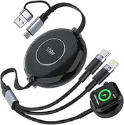 100W Multi Charging Cable, 6 in 1 Retractable iPhone Iwatch Charger Cable, 3 in 2 Retractable iPhone 15 and iWatch Fast Charging Cable for iPhone 15 Apple Watch Series, iPhone & Pad Series,Mac Book