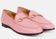 Gucci Jordaan Butterfly Pink Leather Gold Horsebit Mule Slipper Flat Loafer 41