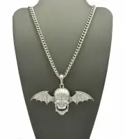 Silver PT Avenged Sevenfold Skull Wing Pendant 18" 20" 24" Cuban Chain Necklace