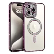 For Apple iPhone 16 Pro Max Case, MagSafe Magnetic Diamond Rhinestone Glitter Cute Crystal Bling Full Camera Lens Protector Shockproof Cover – Purple