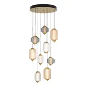Toledo Nine Light Multicoloured Glass Round Cluster Brass Pendant