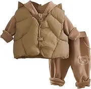 [Generic] Boys and Girls Autumn and Winter Suits Baby Baby Girls Vest Hoodie Pants Winter Plus Fleece Thickened Three Piece Set Baby Boy Easter Outfit Set (Khaki, 12-18 Months)