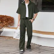 INCERUN Men Two Pieces Set Fashion Solid Color Short Shirt + Pants Summer Casual Daily Mens Clothing Set