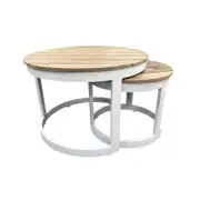 Balmoral Round Industrial Aluminium Teak Top Coffee Table Set White