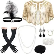 [Dqwtb] 11 Pieces 1920s Fapper Accessories Set for Women Feather Headpiece Sequins Shawl Long Gloves
