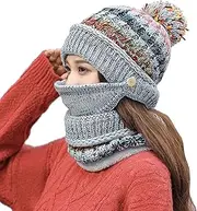 [HSHZHSHL] Womens Girls Knit Beanie Scarf Mask Set Soft Warm Fleece Lined Winter Ski Hat with Pompom