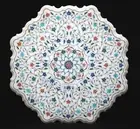 Octagon White Marble Coffee Table Top Multicolor Stone Inlay Work Balcony Table