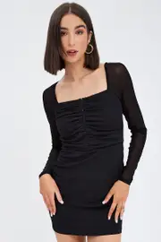 Black Mini Dress Long Sleeve Hook & Eye Bodycon Mesh - Size XL, Women's Bodycon Dress