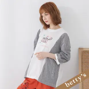 betty’s貝蒂思 條紋拼接下擺抽繩七分袖T-shirt(白色)