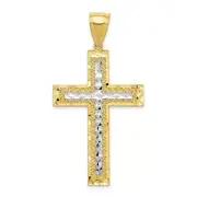 10K Gold with Rhodium Diamond-cut Cross Pendant 1.2 x 2.2 in