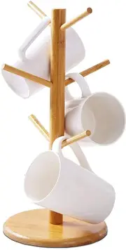 Bamboo Mug Rack Tree Coffee Tea Cup Organizer Hanger Holder with 6 Hooks