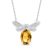 Oval Citrine and White Lab-Created Sapphire Dragonfly Necklace in Sterling Silver