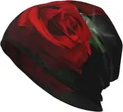 [ZaKhs] Red Roses Print Beanie Hat Winter Warm Knit Hat Soft Skull Cap for Women Men, Black, One Size