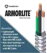 75' 14/2 Solid CU MC (Metal Clad) Armorlite Cable