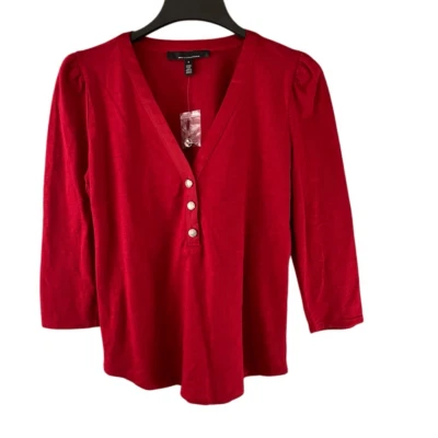 WHBM 3/4 Sleeve Henley Shirt V-Neck Puffed Sleeves Red Size Small New