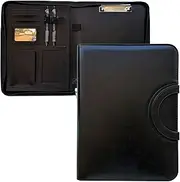 Lizipai Portable Conference Folder A4 Zipped Leather Portfolio Clipboard Document Organiser with Business Presentation Writing Pad with Portable Handle (Black)