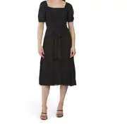 NWT $395 Donna Karen Black Midi Pleated Smocked Pleated Sheer Sleeve Dress