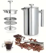 4 CUP 34oz DOUBLE WALL FRENCH PRESS STAINLESS STEEL COFFEE ESPRESSO MAKER SILVER