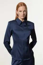Satin Back Crepe Strong Shoulder Woven Zip Front Blouse