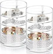 [Generic] Stackable Storage Hair Accessories Organizer 2 Pieces Clear Plastic Jewellery Trays Rotatable Hair Tie Cylindrical Jewelry Storage with Lids Storage Box for Earring Necklace (White, Pack of One)