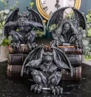 Whimsical See Hear Speak No Evil Squatting Gargoyle Figurine Shelf Sitters Set