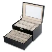Black Pu Leather Watch Display Stand Box Flannelette Grids with Glass Cover-20 Slot
