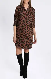 Foxcroft Sloane Animal Print Popover Shirtdress in Macchiato/Black at Nordstrom, Size Small
