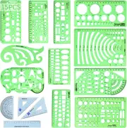 15PCS Geometric Drawings Templates,Transparent Green Plastic Ruler, Drafting Ste