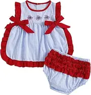 [KtwHarnu] Newborn Infant Baby Girl 4th of July Outfit Firework Embroidery Plaid Ruffle Sleeveless Tank Top Bloomers Shorts Set