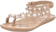 [Gaorui] Women's Beach Bohemia Sandals Slingback Ankle Strap Slingback Rhinestone Flower Flats Thong Slipper 6 B(M) US Beige1