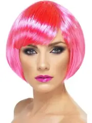 Neon Pink Short Bob Hot Babe Wig With Fringe Fancy Dress Costume Accessory