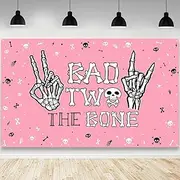 AIBIIN Bad Two The Bone Backdrop Pink Music Themed Rock and Roll Photography Background Skeleton 2nd Birthday Party Decorations Banner Photo Studio Props 70.8 x 43.3 inch
